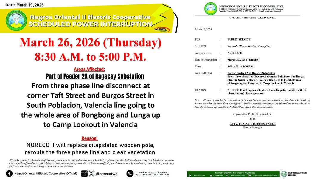 NORECO II Announces Power Interruption in Valencia on March 26, 2026