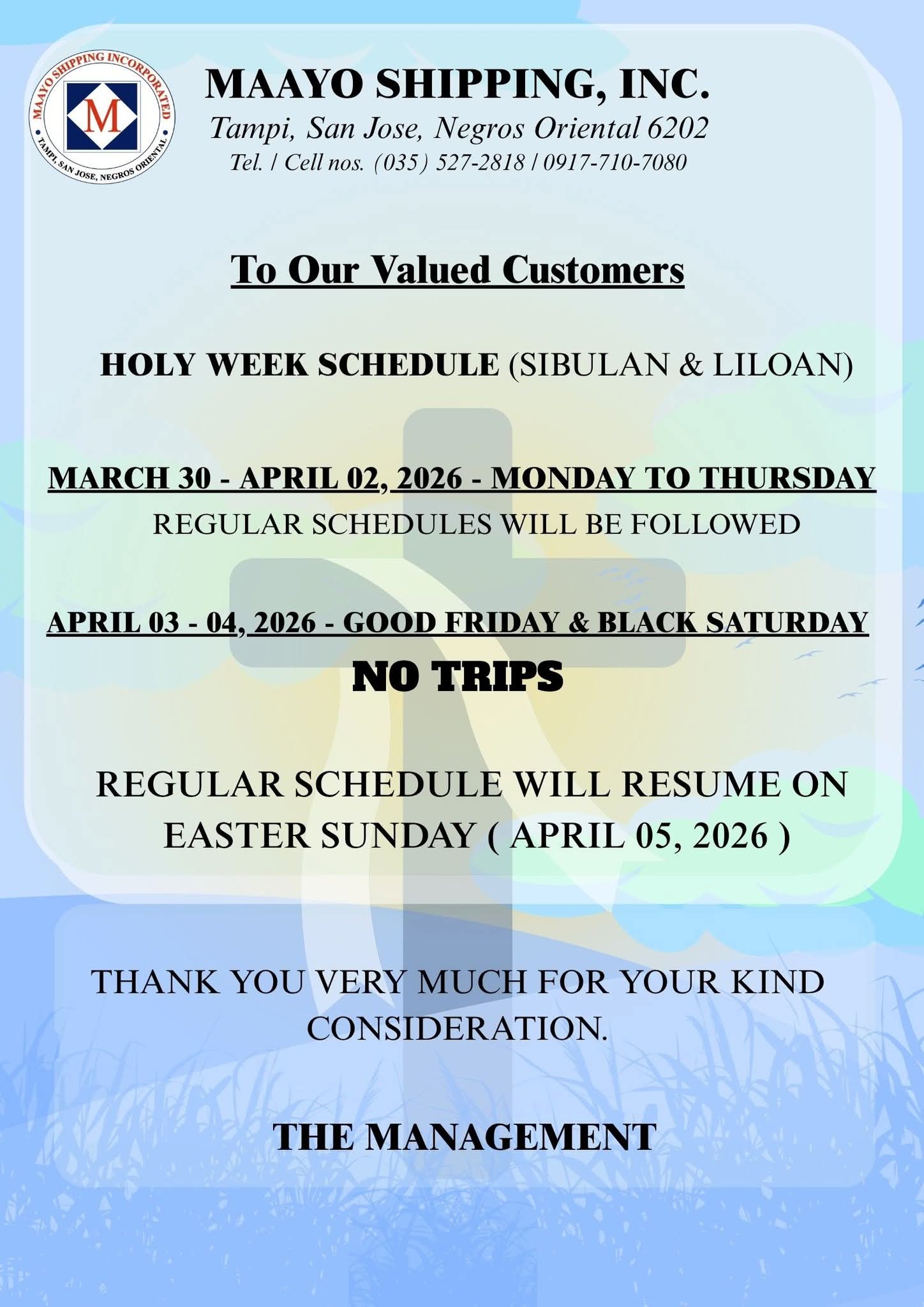 Maayo Shipping Adjusts Holy Week Schedule for Multiple Routes