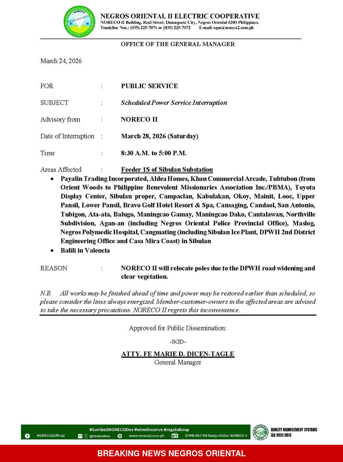 NORECO II: Power Interruption Scheduled in Sibulan, Valencia March 28