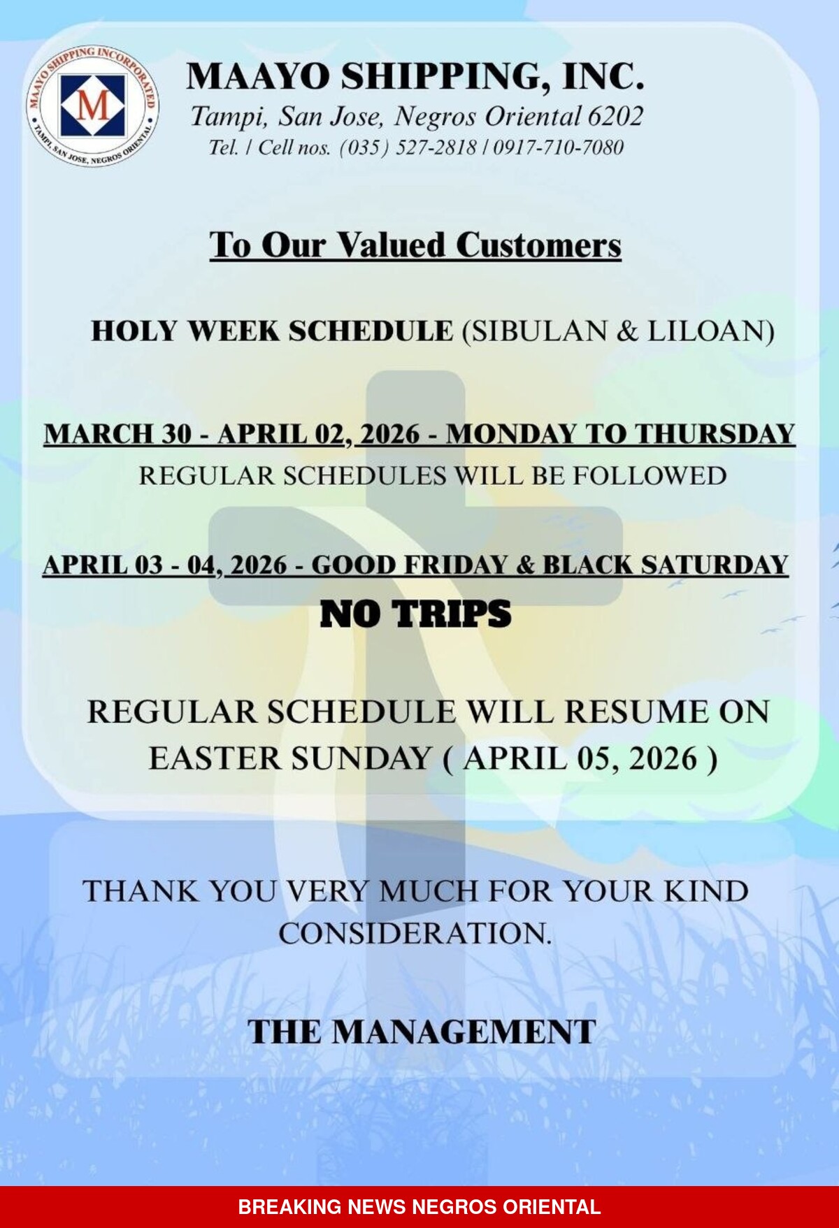 Negros Oriental: Maayo Shipping Adjusts Holy Week Routes