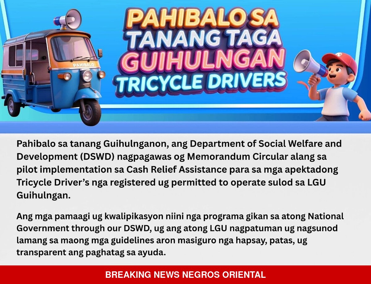 Guihulngan Tricycle Drivers Receive DSWD Cash Relief Under Pilot Program