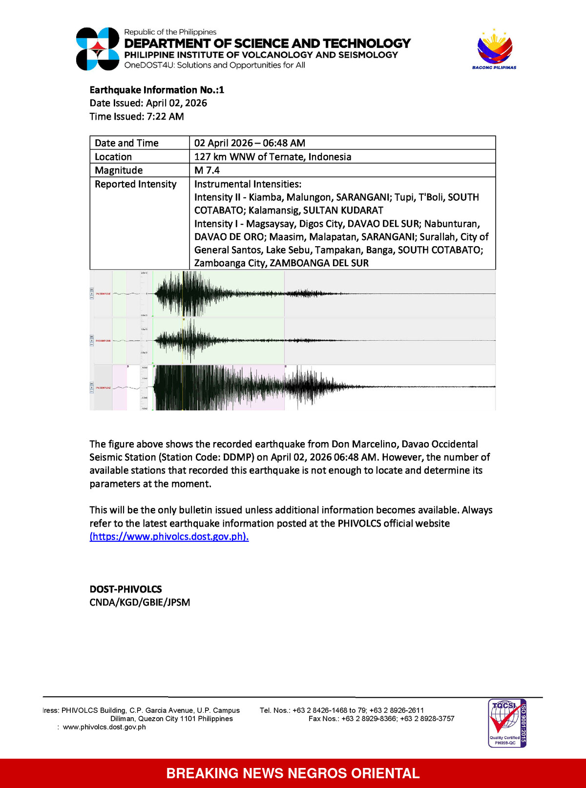 Philippines safe from tsunami after M 7.6 Indonesia earthquake - PHIVOLCS