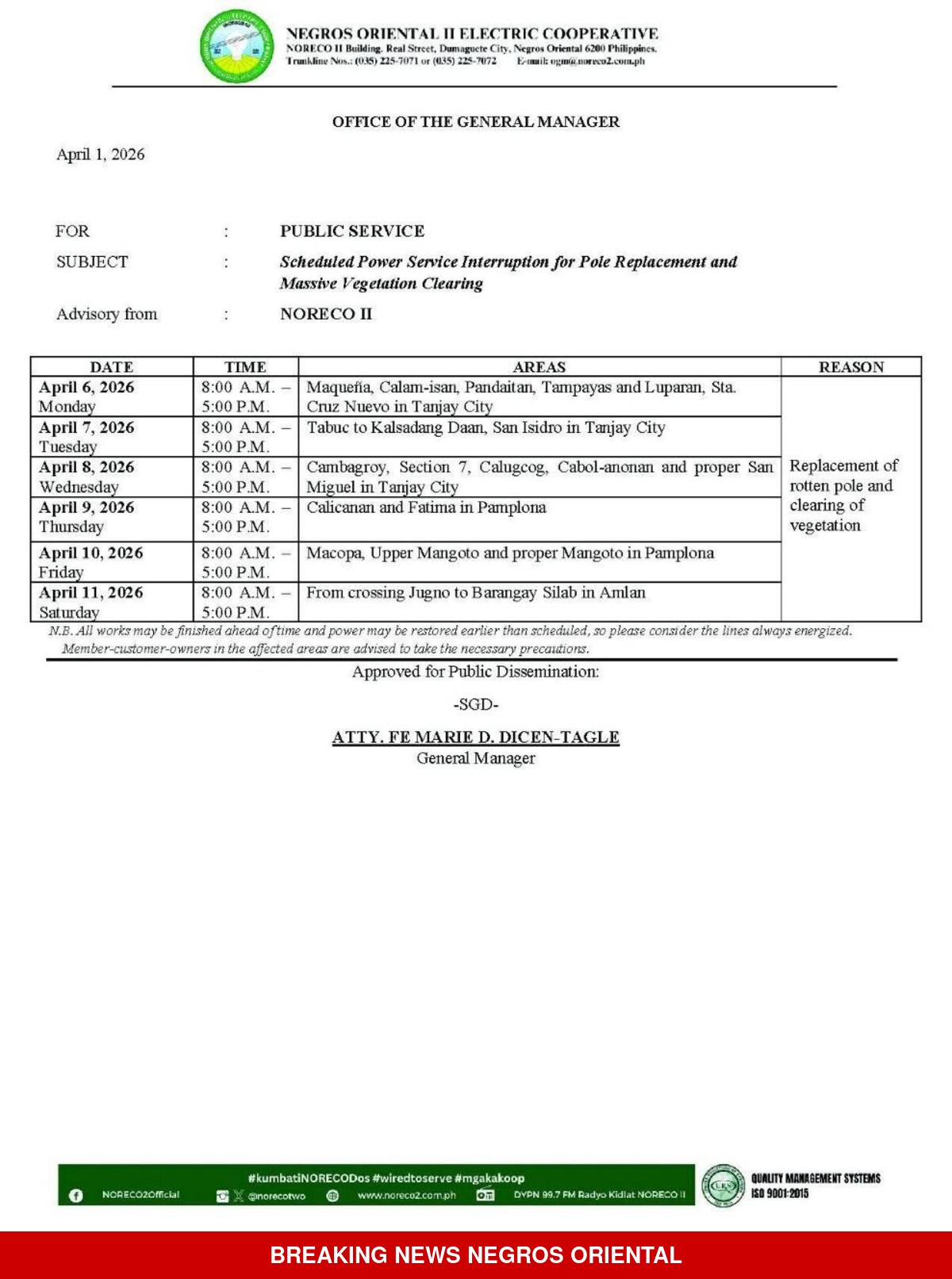 Tanjay, Pamplona, Amlan: 6-Day Power Outage Starts Monday