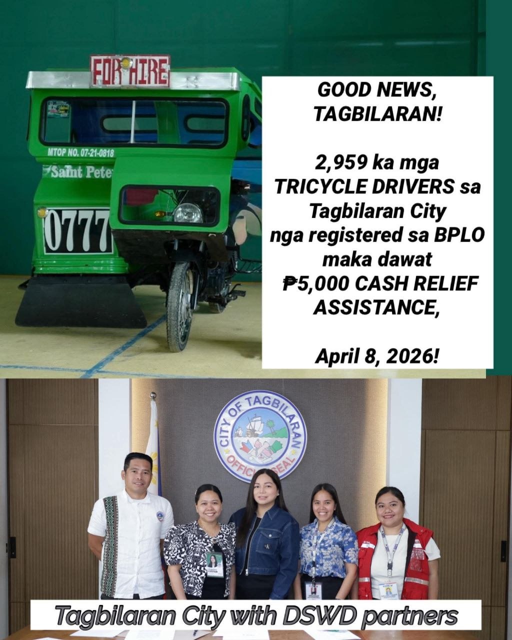 Tagbilaran: 2,959 Tricycle Drivers Get ₱5K Aid April 8