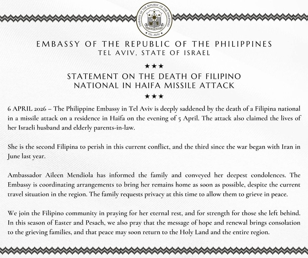 Filipina Killed in Haifa Strike Along with In-Laws