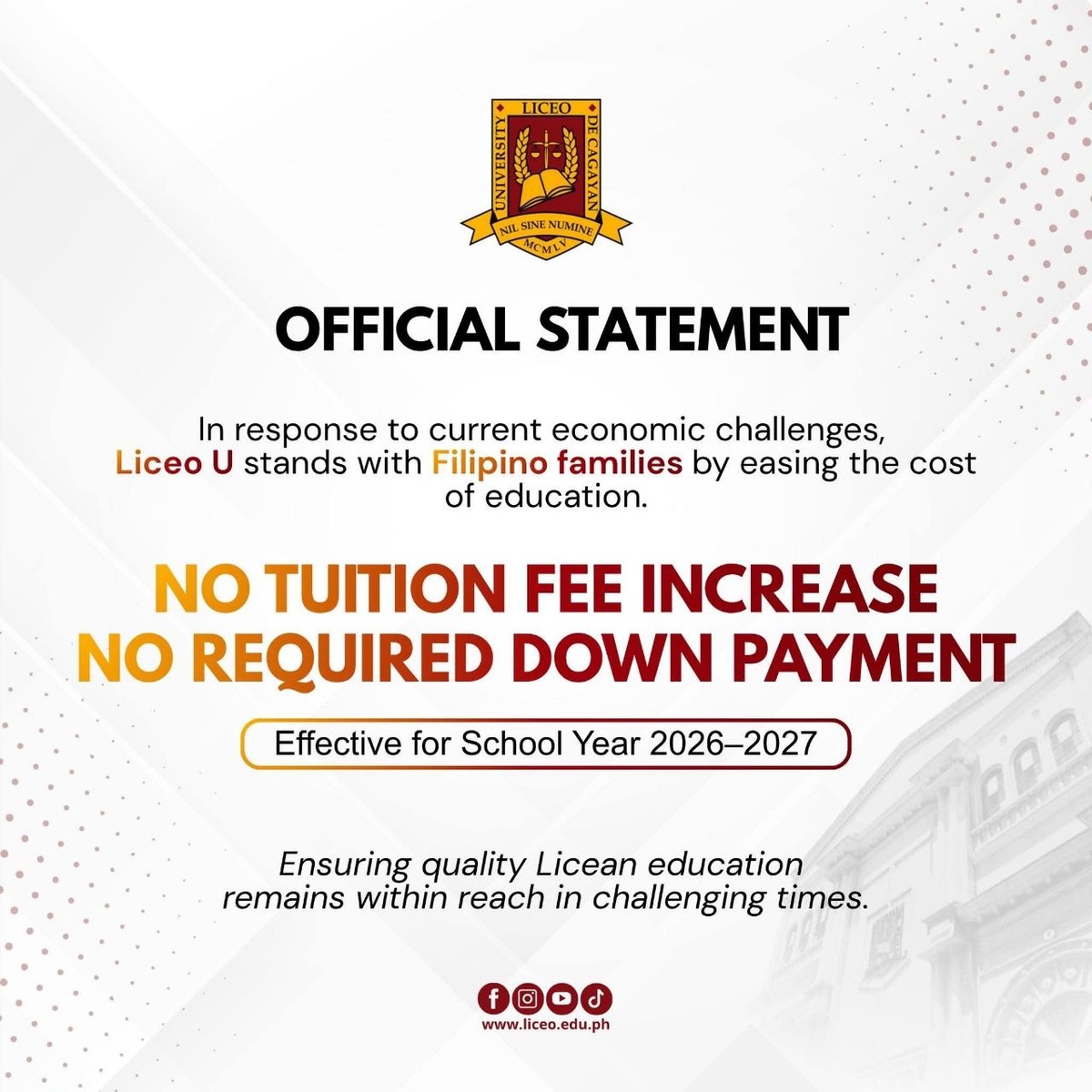 Cagayan University Drops Down Payment, Holds Tuition Steady