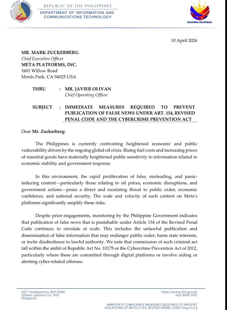 DICT Issues 7-Day Ultimatum to Meta Over Misinformation Crisis