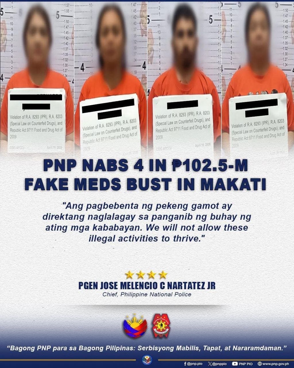 Four Nabbed in ₱102.5-M Fake Cancer Drug Operation in Makati