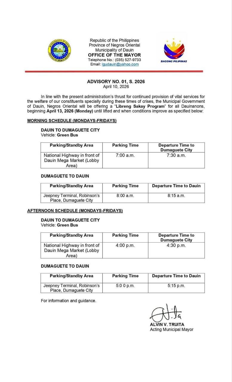 Dauin: Free Bus Service to Dumaguete Starts April 13