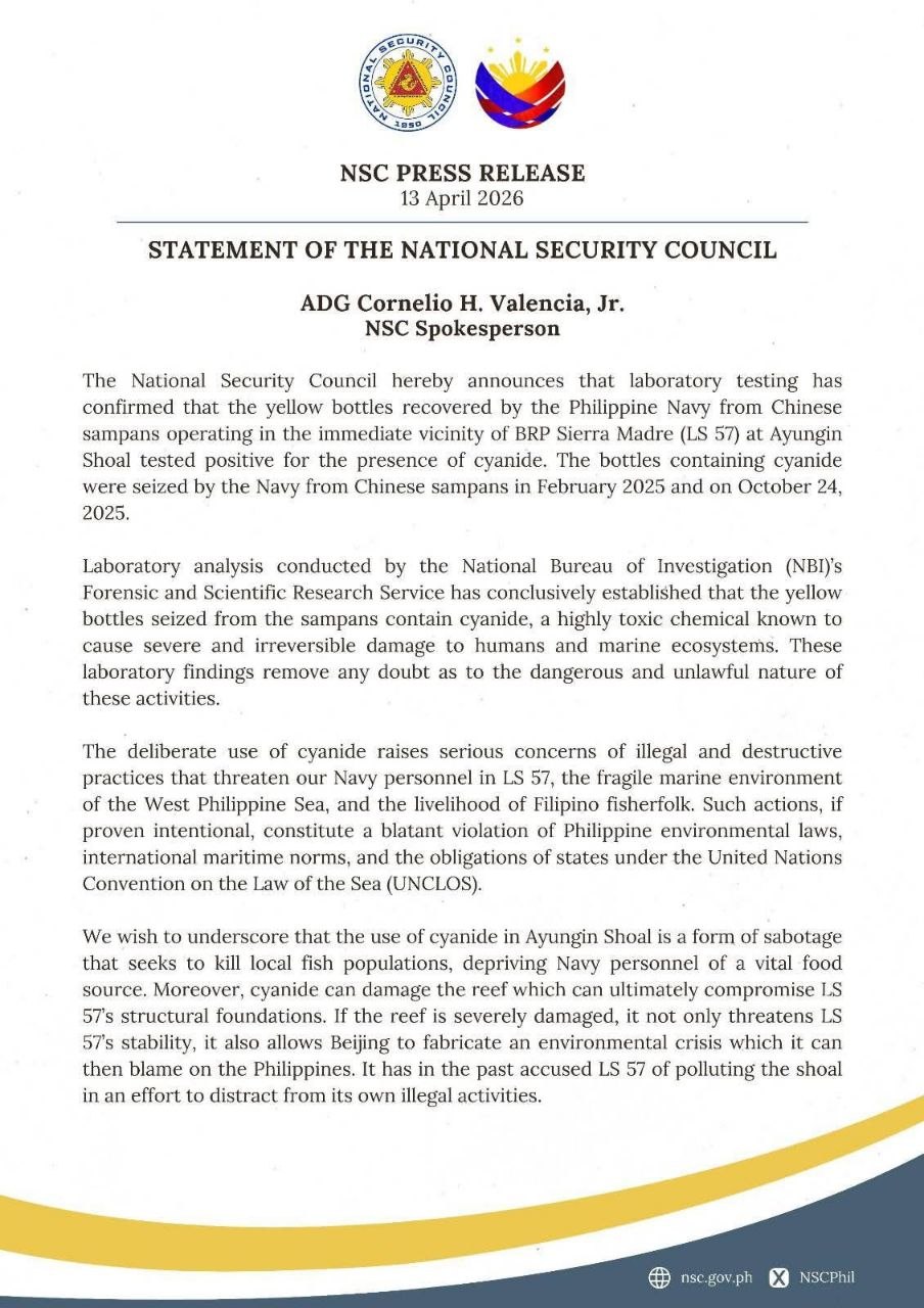 NSC Confirms Toxic Chemicals Found in Chinese Vessels Near Ayungin