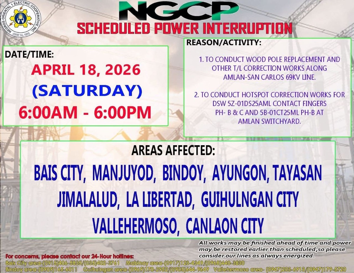 Negros Oriental: 10 Cities Face 12-Hour Power Cut April 18