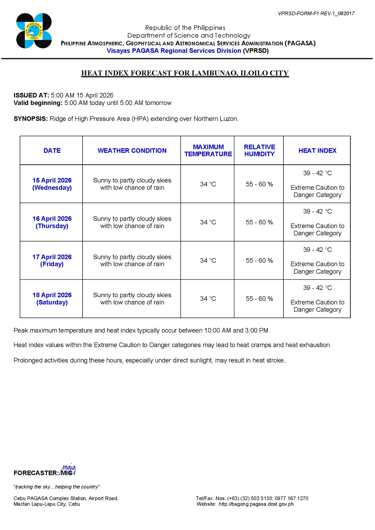 Negros Oriental: Rain Showers, Thunderstorms Possible - PAGASA — Wednesday, April 15, 2026