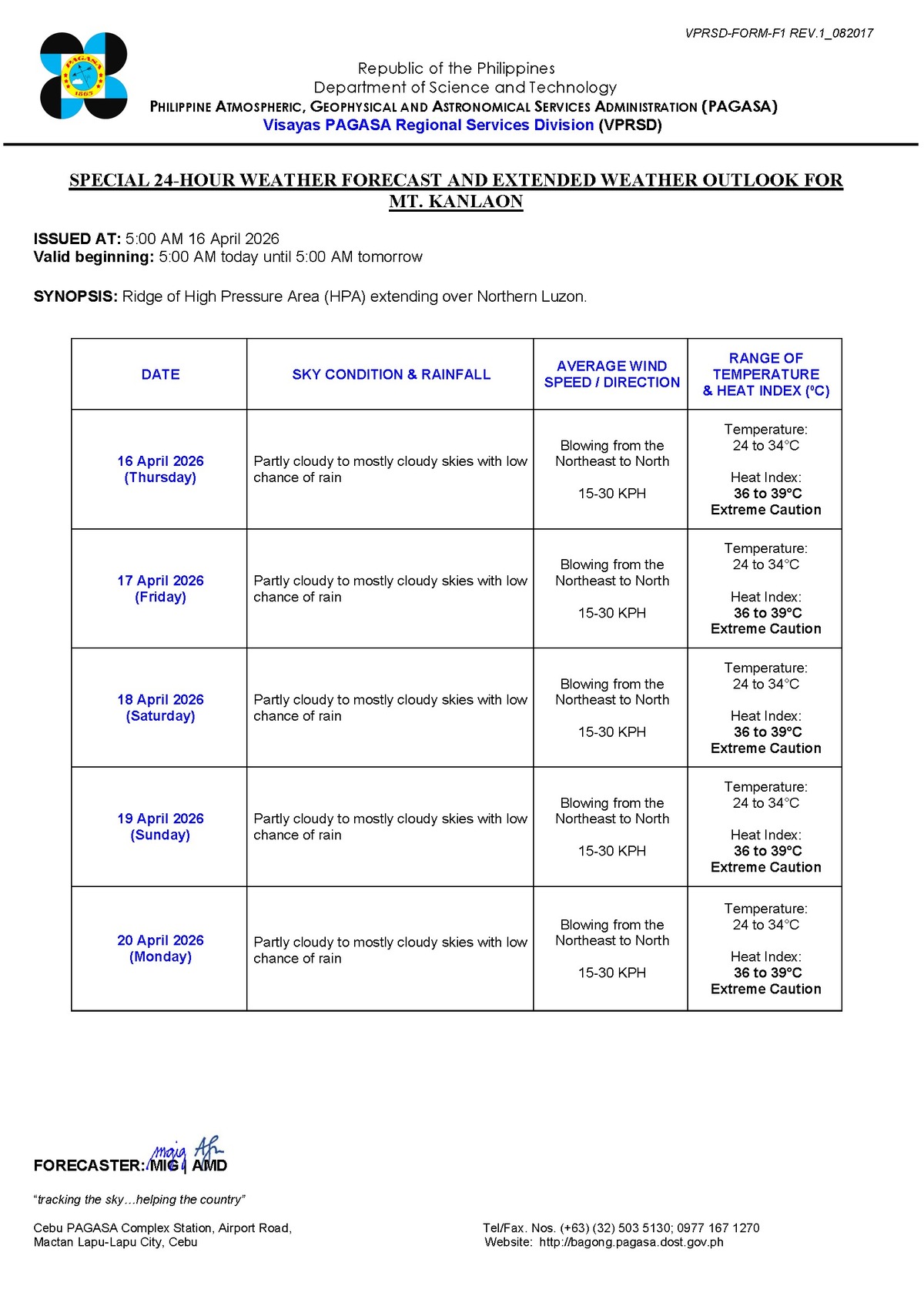Negros Oriental Weather: Rain Showers Possible - PAGASA — Thursday, April 16, 2026