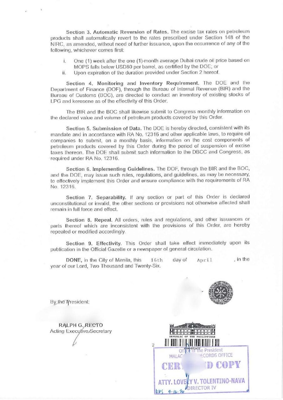 Executive Order 114 Halts Excise Tax on LPG, Kerosene Products