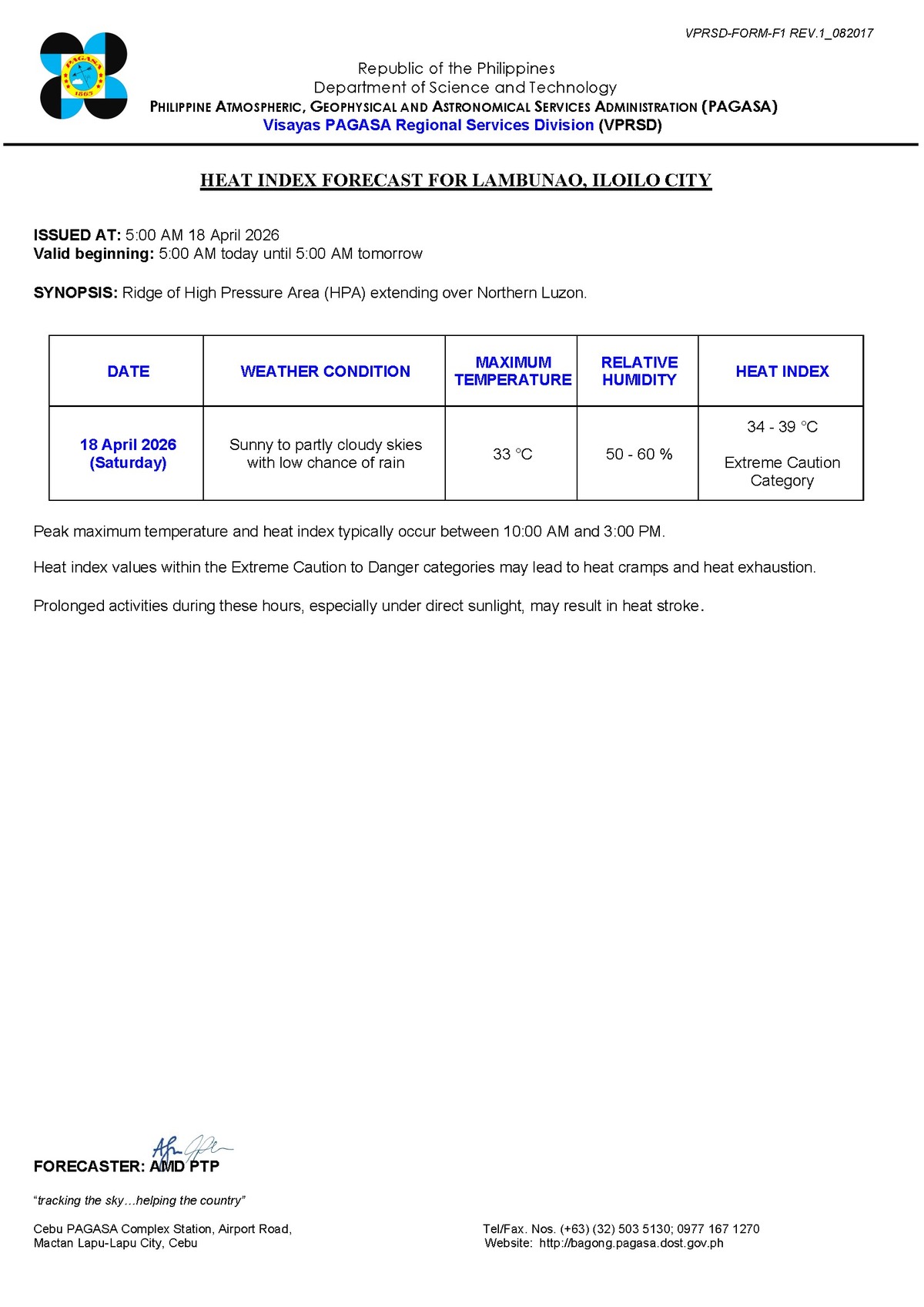 Negros Oriental: Chance of Rain Showers, Thunderstorms - PAGASA — Saturday, April 18, 2026