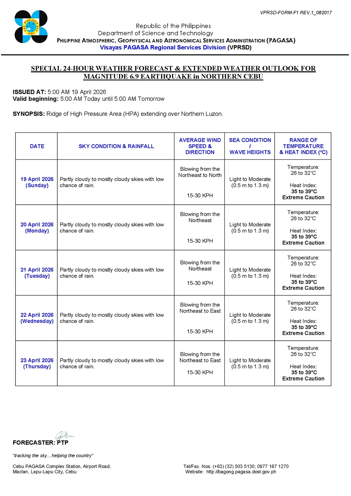 Negros Oriental Weather: Showers, Thunderstorms Possible - PAGASA — Sunday, April 19, 2026