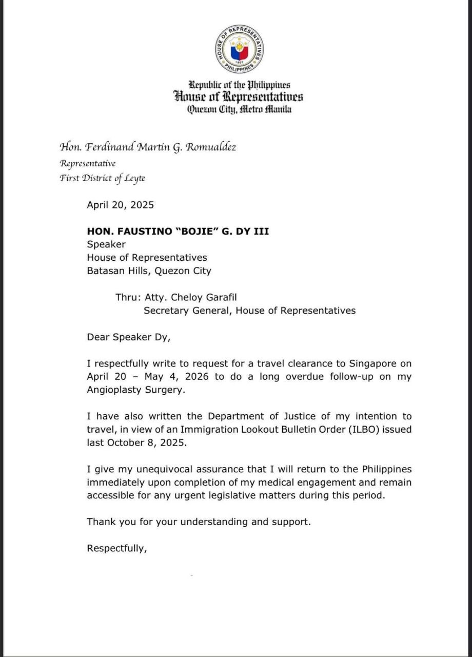 Leyte Congressman Files Singapore Medical Trip Application