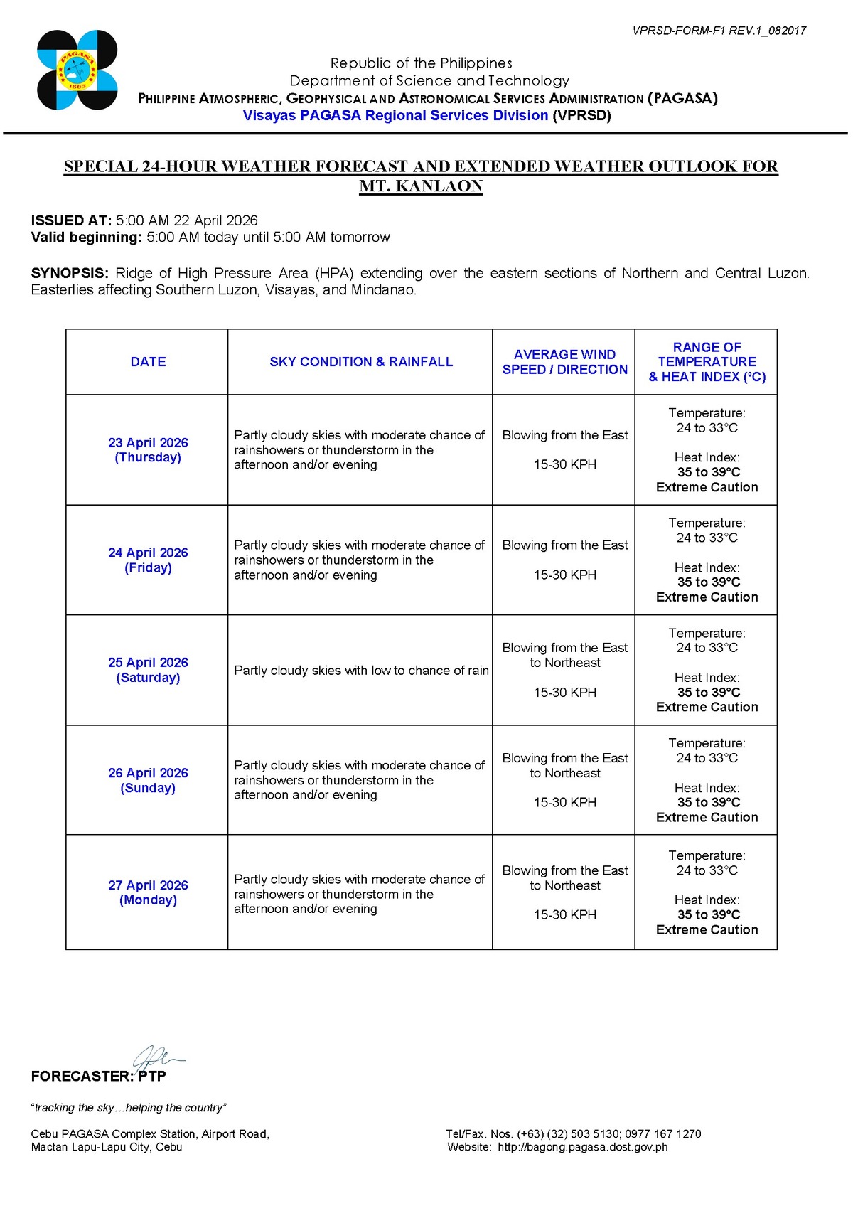 Negros Oriental Weather: Rain Showers, Thunderstorms Possible — Thursday, April 23, 2026