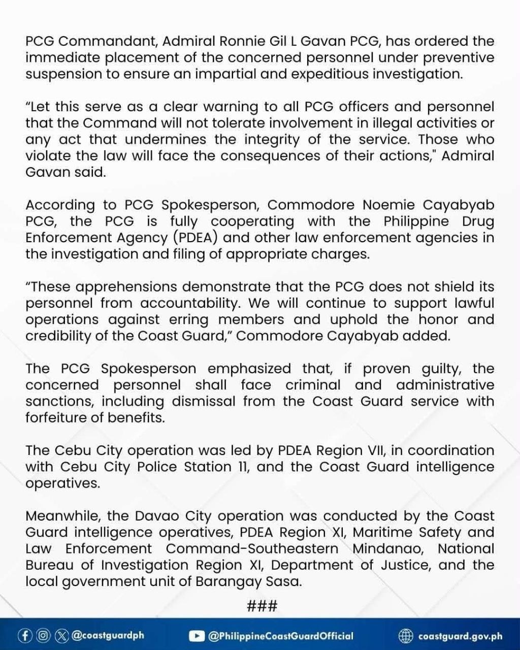 Two Coast Guard Members Face Drug Charges in Cebu, Davao Raids