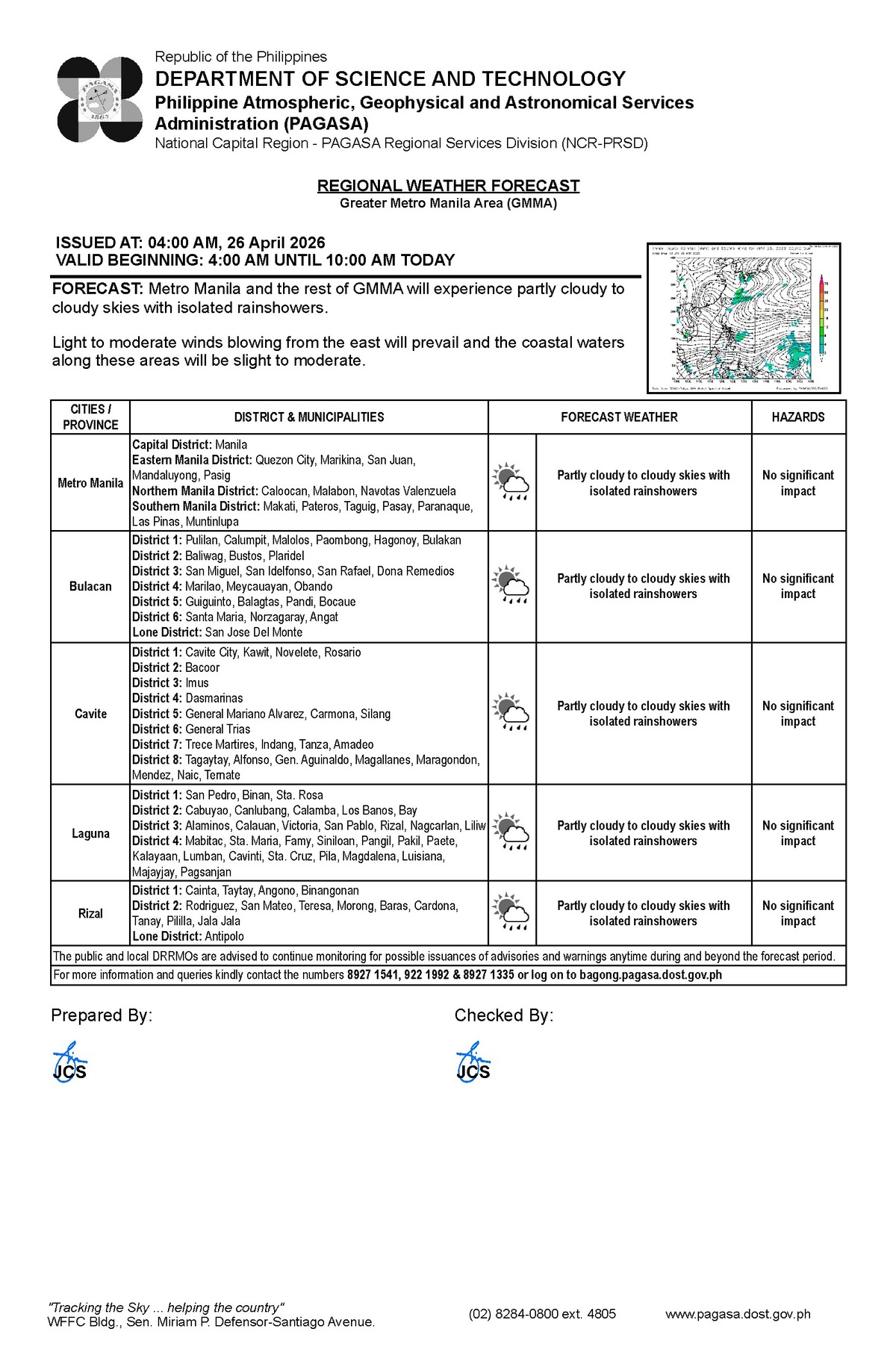 Negros Oriental: Rain Showers, Thunderstorms Possible - PAGASA — Sunday, April 26, 2026
