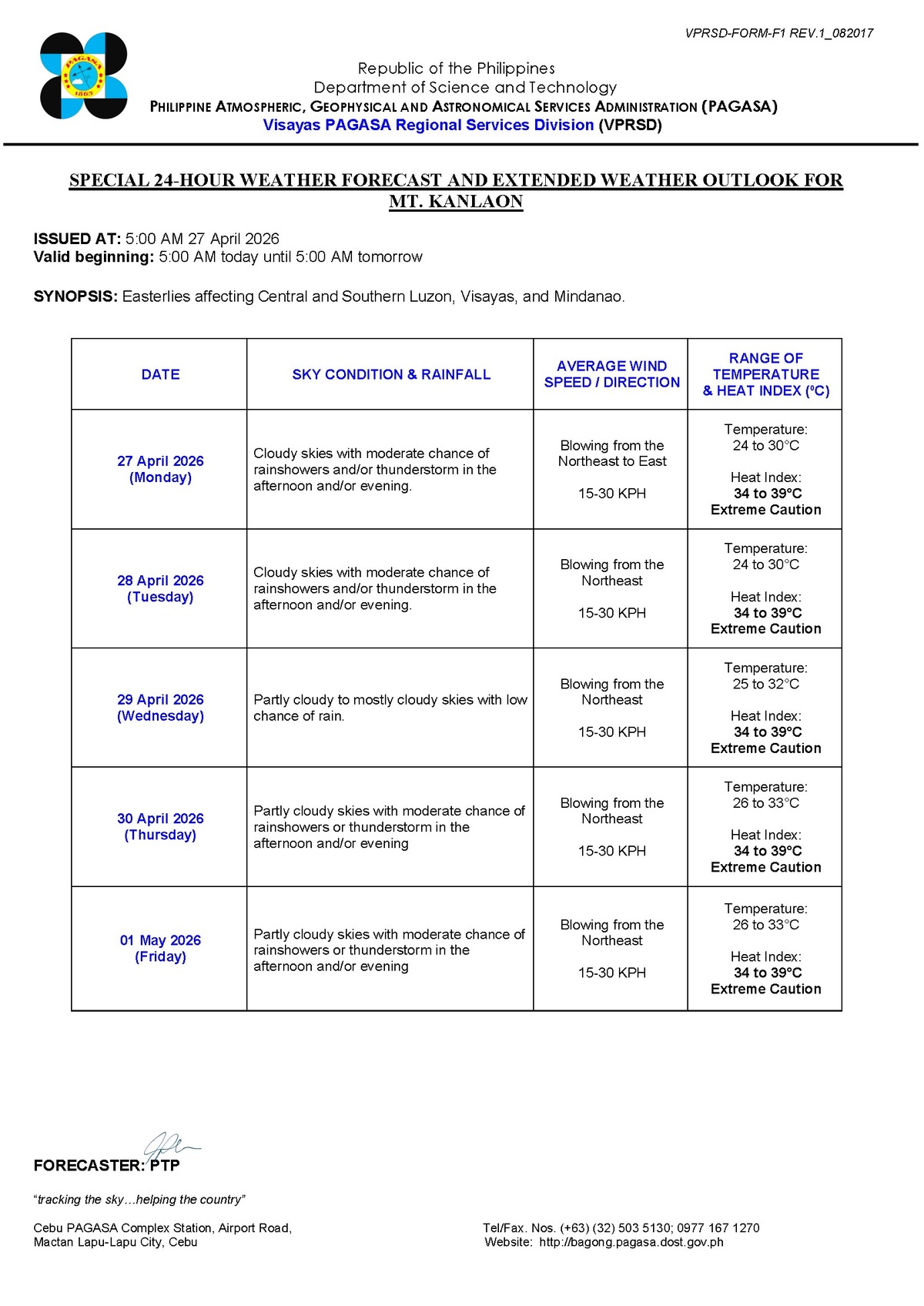 Negros Oriental: Rain Showers, Thunderstorms Possible - PAGASA — Monday, April 27, 2026