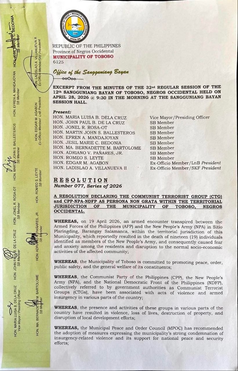 Toboso Council Declares CPP-NPA Persona Non Grata Following Fatal Clash