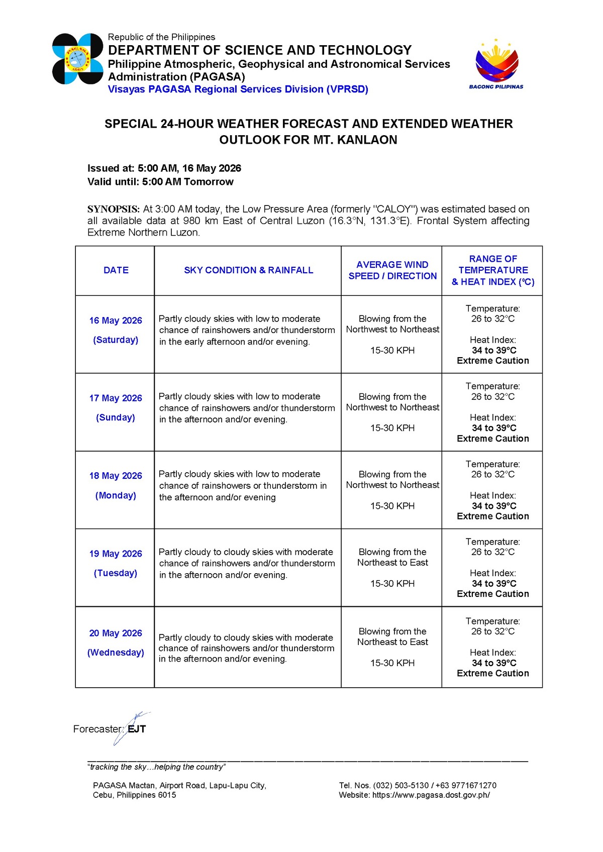 Negros Oriental: Rain Showers, Thunderstorms Possible - PAGASA — Saturday, May 16, 2026