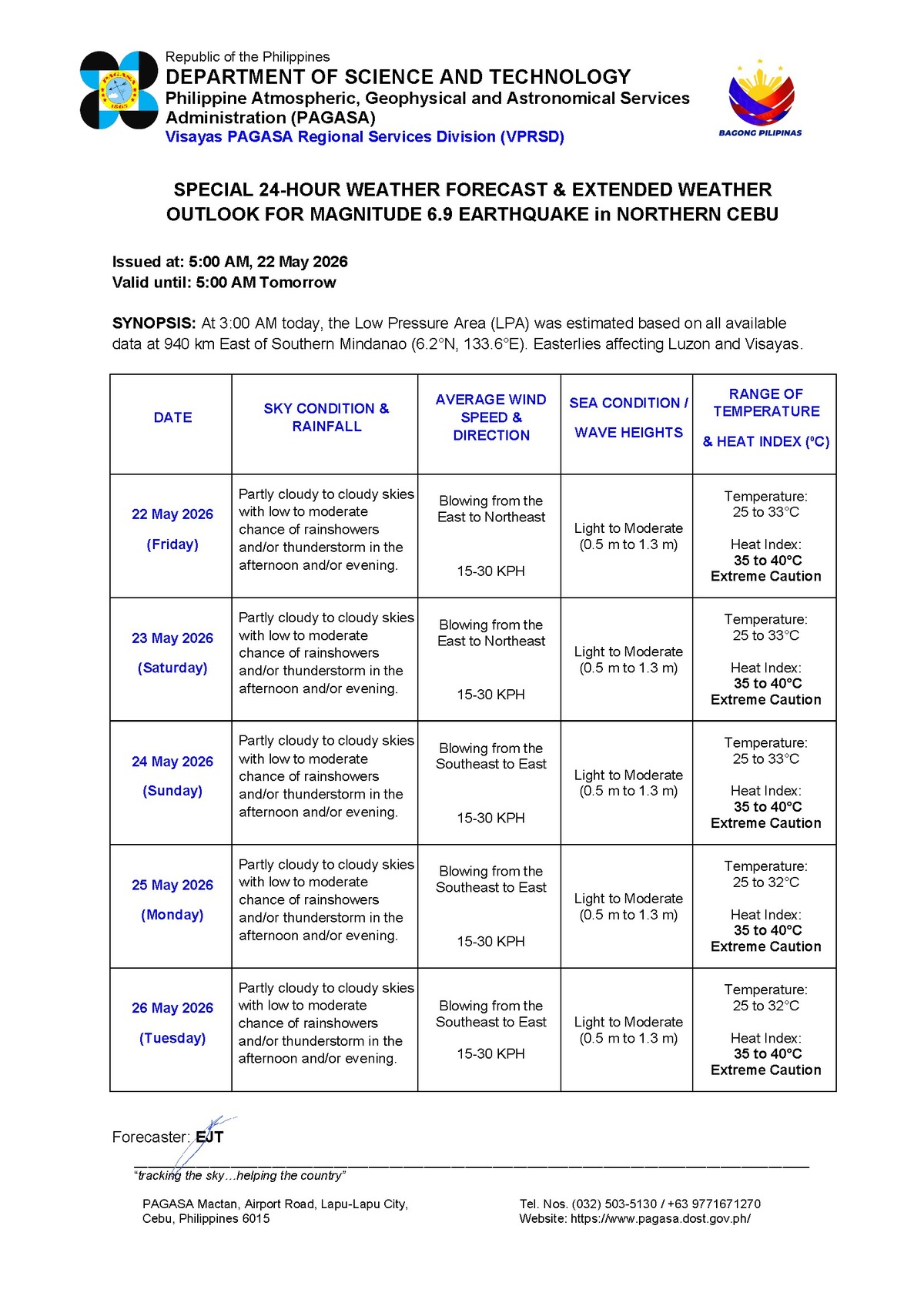 Negros Oriental: Rainshowers, Thunderstorms Possible - PAGASA — Friday, May 22, 2026