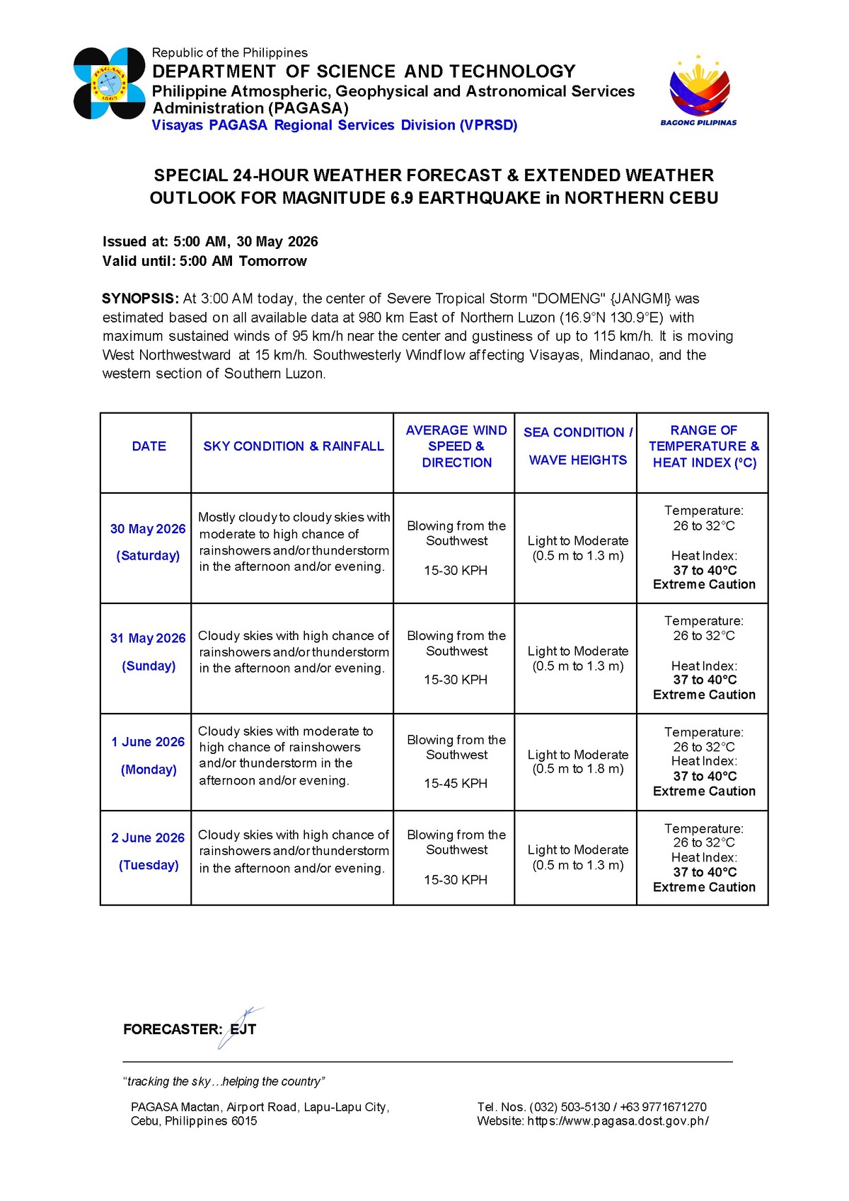 Negros Oriental: Rain, Thunderstorms Expected - PAGASA — Saturday, May 30, 2026