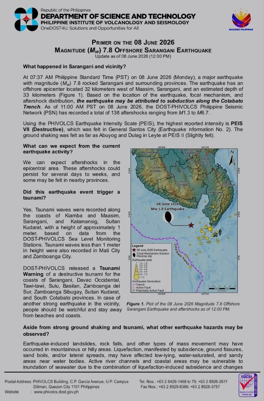 Powerful 7.8 Quake Off Sarangani Triggers Coastal Tsunami Warning