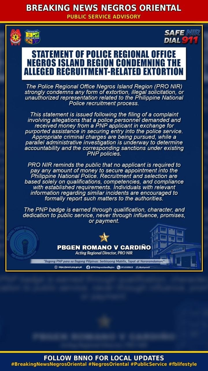 Negros Island Police Condemn Recruitment Extortion