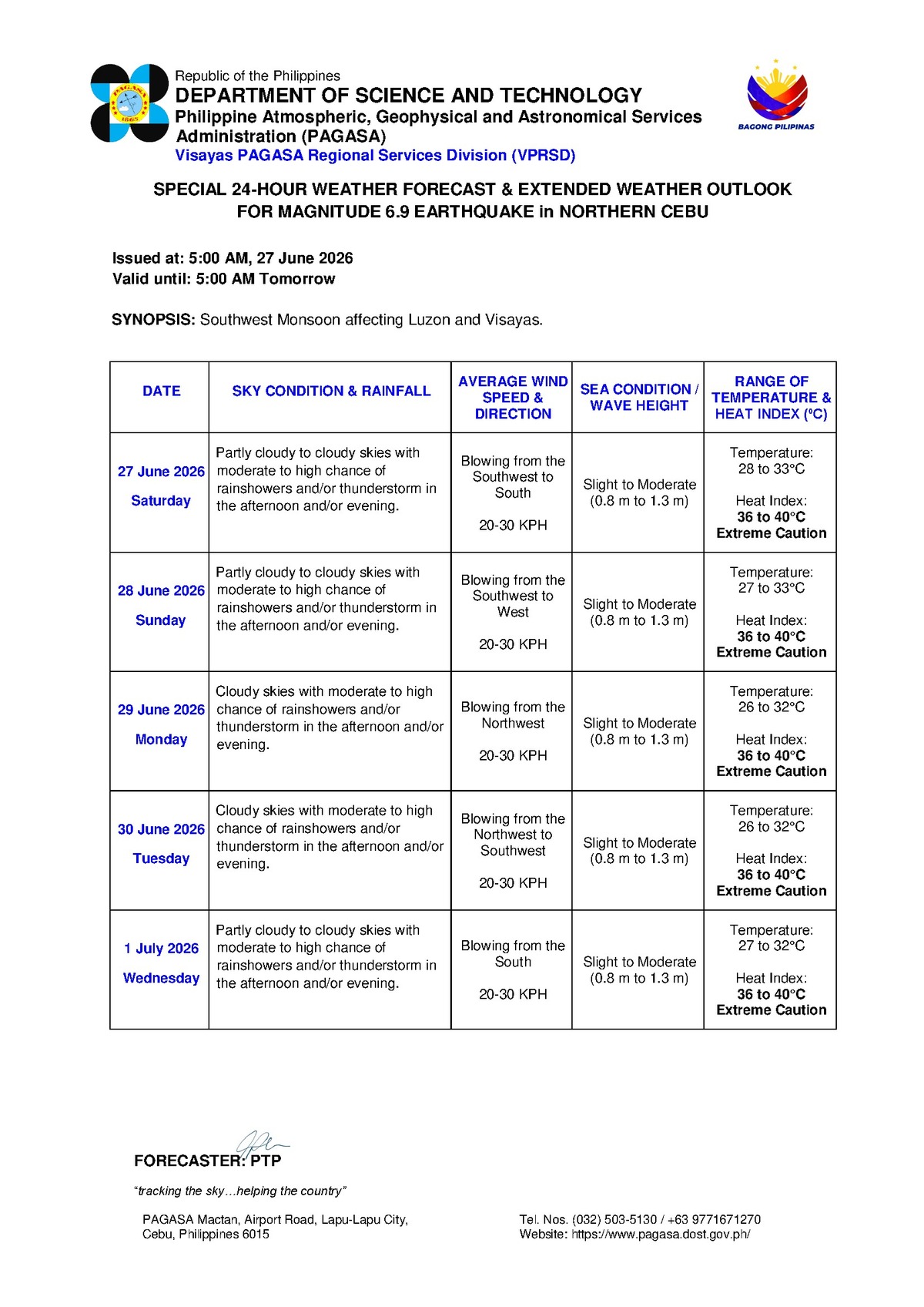 Rainshowers, Thunderstorms Expected in Negros Oriental Saturday — Saturday, June 27, 2026