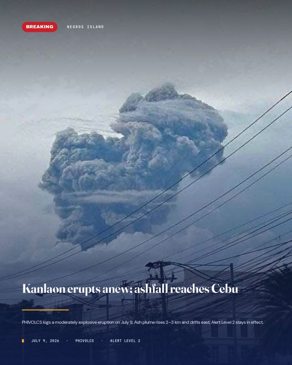 Kanlaon erupts, ashfall reaches Cebu; Alert Level 2 maintained