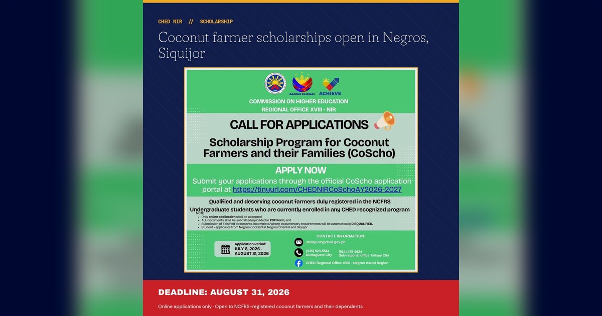Negros Island: CHED CoScho Scholarship Open Until Aug. 31