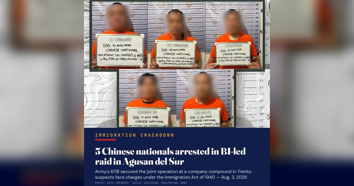 Five Chinese Nationals Nabbed in BI-Army Raid in Agusan del Sur