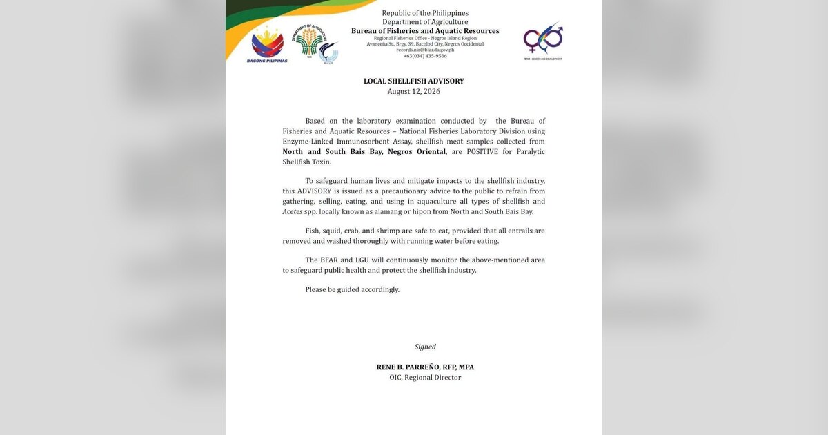Bais City: Shellfish Ban Issued After Paralytic Toxin Found