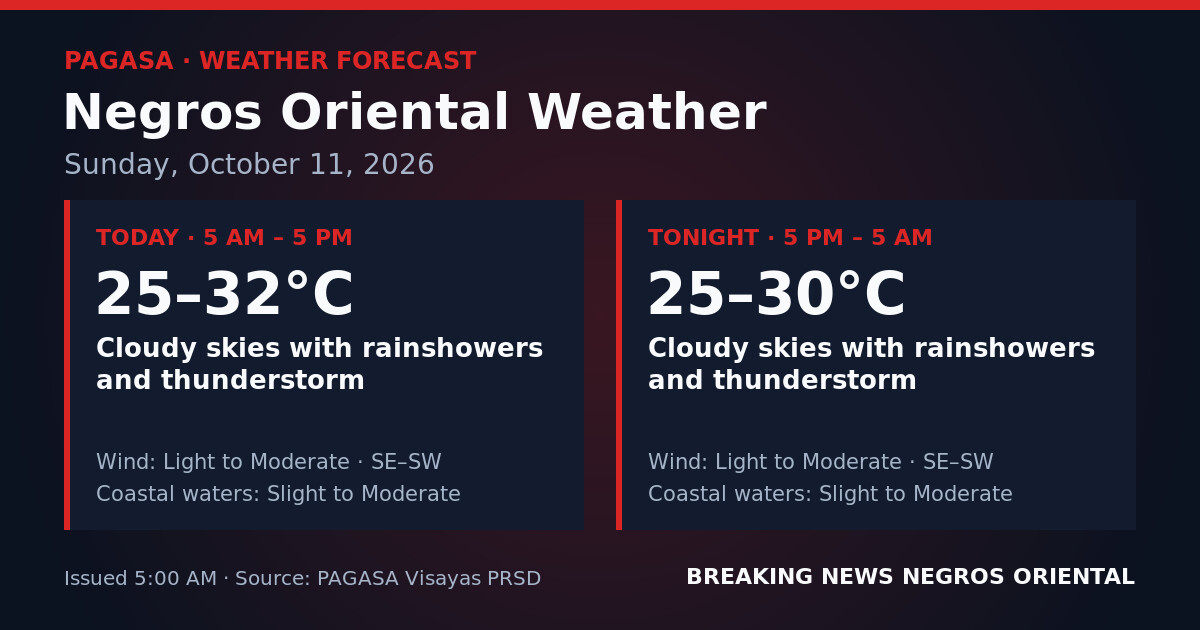 Rain, Thunderstorms to Persist All Day and Night in Negros Oriental — Sunday, October 11, 2026