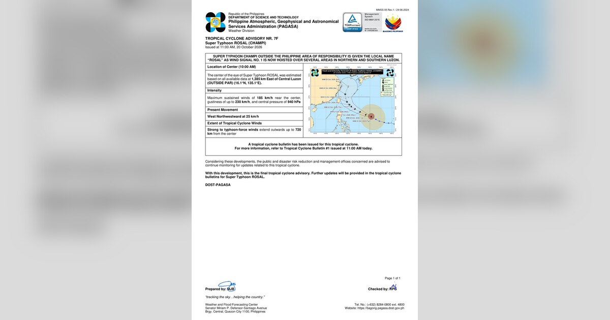 PAGASA Hoists Signal 1 as Super Typhoon Rosal Nears Luzon