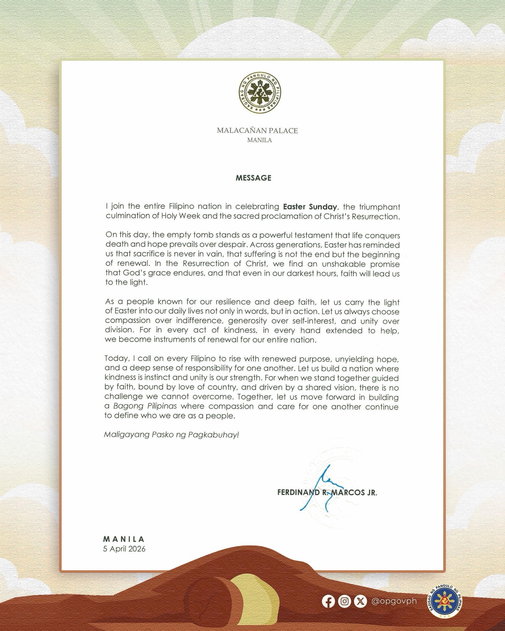 President Ferdinand Marcos Jr Easter Sunday Message April 5 2026