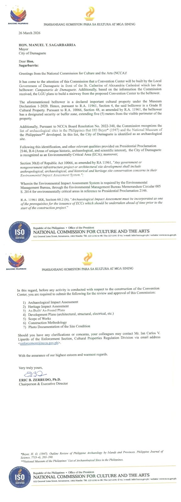 NCCA letter to Mayor Manuel T. Sagarbarria, Mar. 26, 2026 — requiring an Archaeological Impact Assessment, Heritage Impact Assessment, plans, scope of works, methodology, and site photo documentation before any activity proceeds.