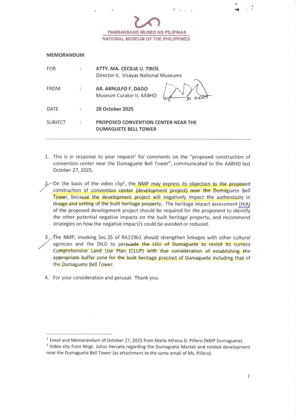 National Museum of the Philippines memorandum, Oct. 28, 2025 — raising possible objection and requiring a Heritage Impact Assessment for the proposed convention center near the Dumaguete Bell Tower.